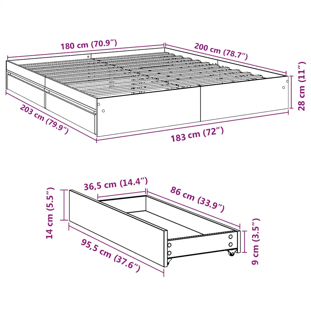 Letto matrimoniale | Letto per adulti | Giroletto con Cassetti Rovere Fumo 180x200 cm Legno Multistrato - Image 10