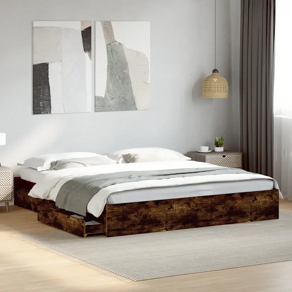 Letto matrimoniale | Letto per adulti | Giroletto con Cassetti Rovere Fumo 180x200 cm Legno Multistrato - Image 2