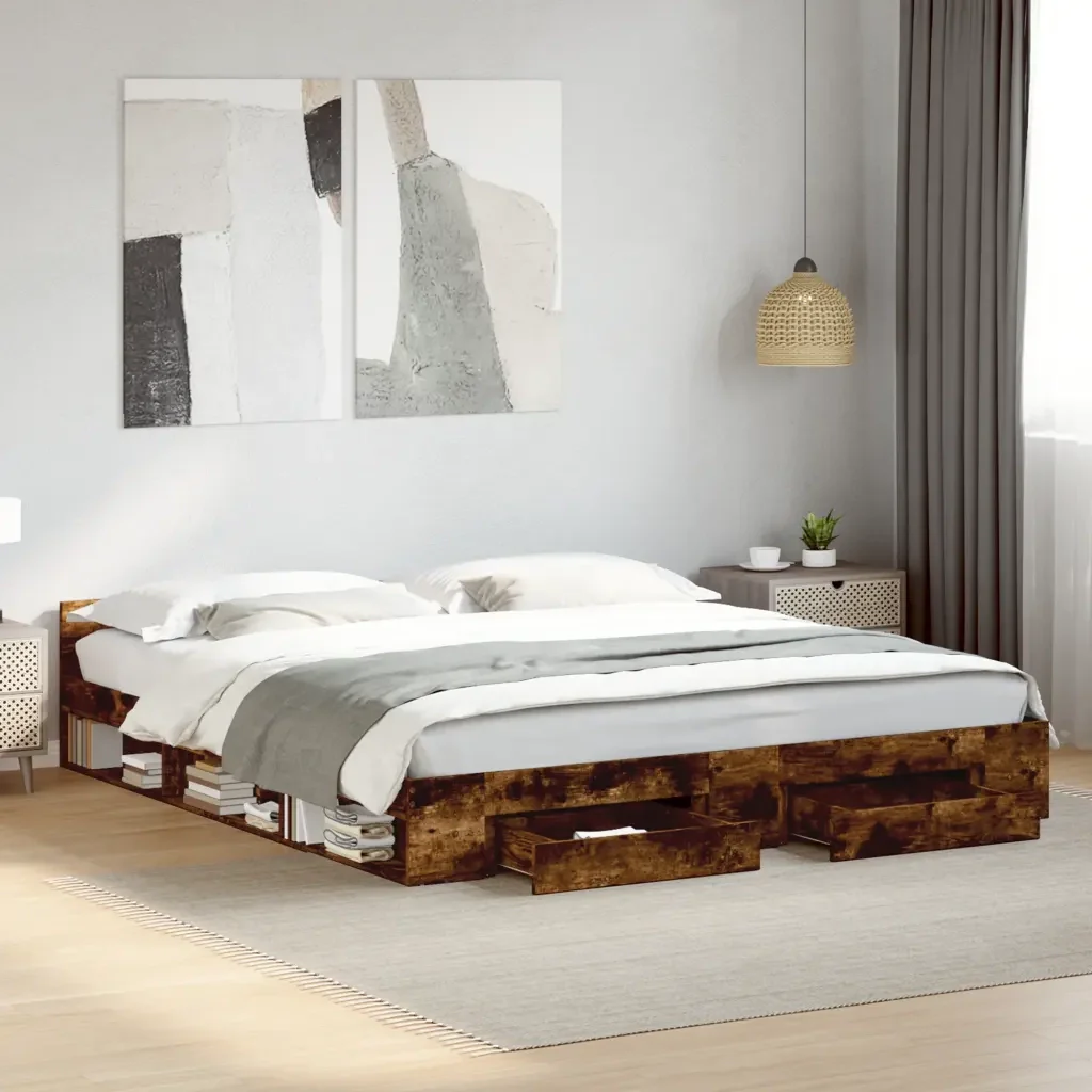 Letto matrimoniale | Letto per adulti | Giroletto con Cassetti Rovere Fumo 180x200 cm Legno Multistrato - Image 2