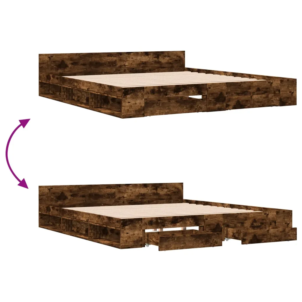 Letto matrimoniale | Letto per adulti | Giroletto con Cassetti Rovere Fumo 200x200 cm Legno Multistrato - Image 7