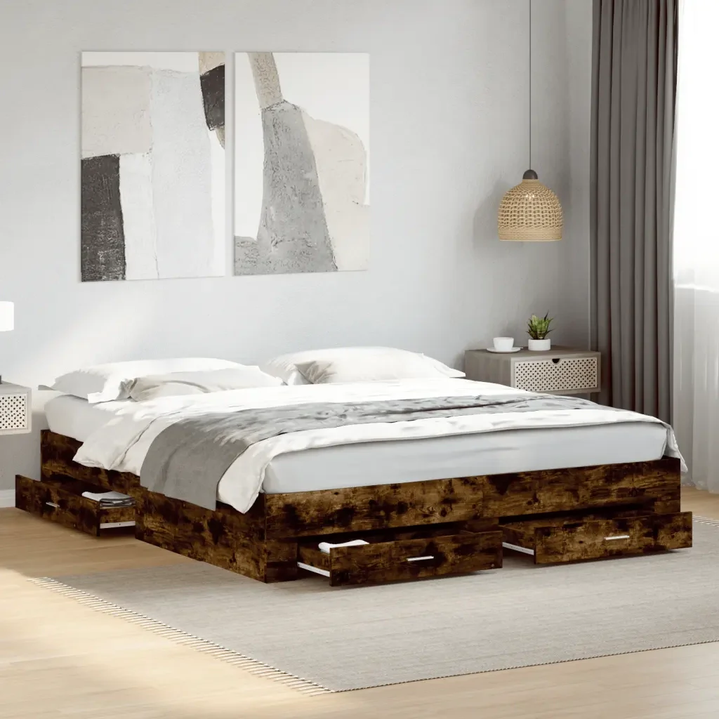 Letto matrimoniale | Letto per adulti | Giroletto con Cassetti Rovere Fumo 200x200 cm Legno Multistrato - Image 2