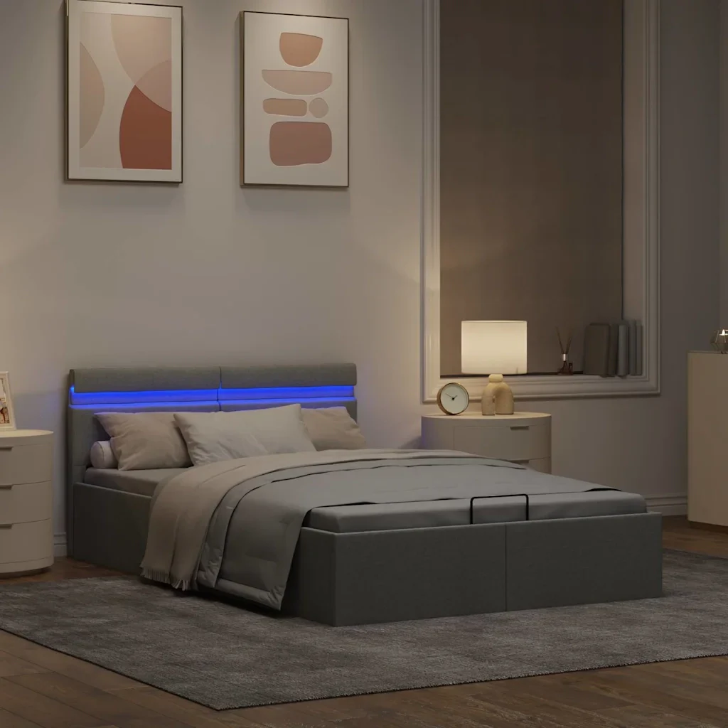 Letto matrimoniale | Letto per adulti | Giroletto con Contenitore e LED Grigio Chiaro Tessuto 140x200cm - Image 5