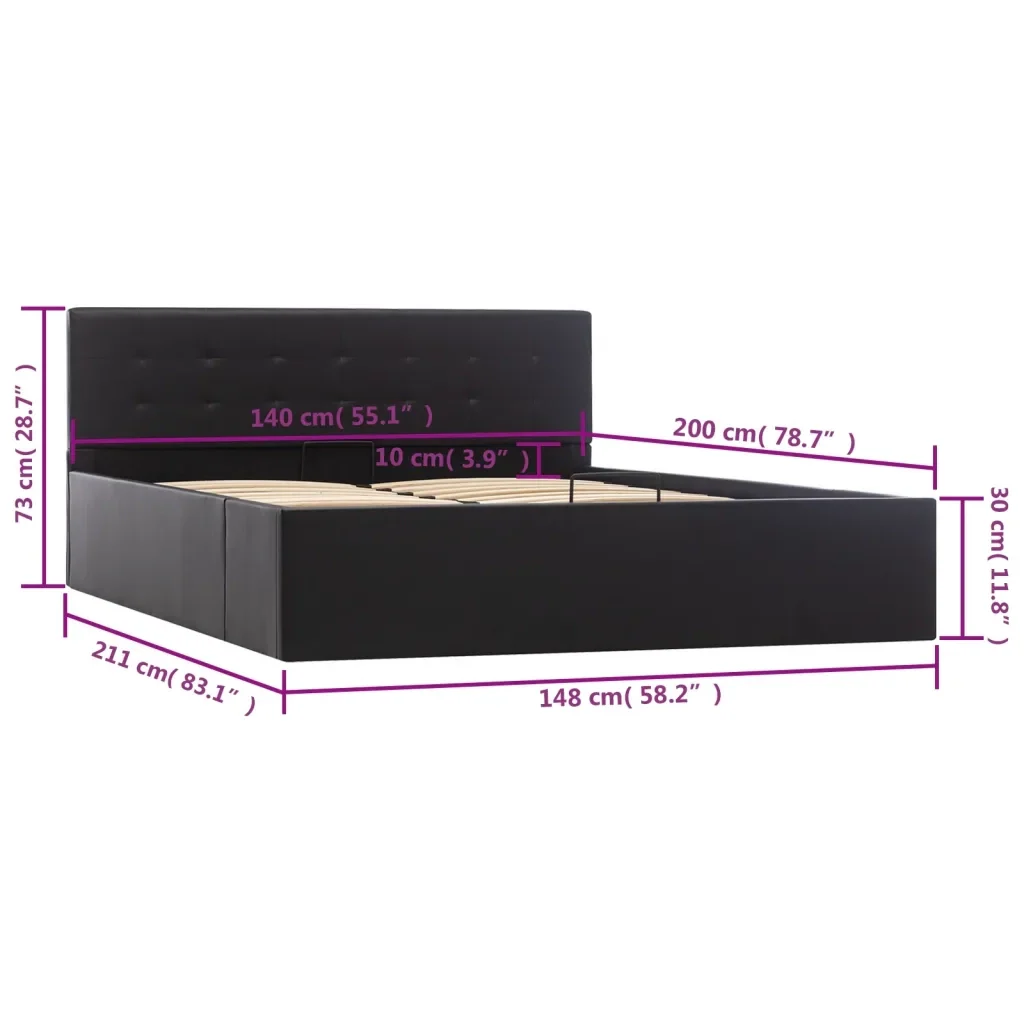 Letto matrimoniale | Letto per adulti | Giroletto con Contenitore Idraulico Nero Similpelle 140x200cm - Image 10