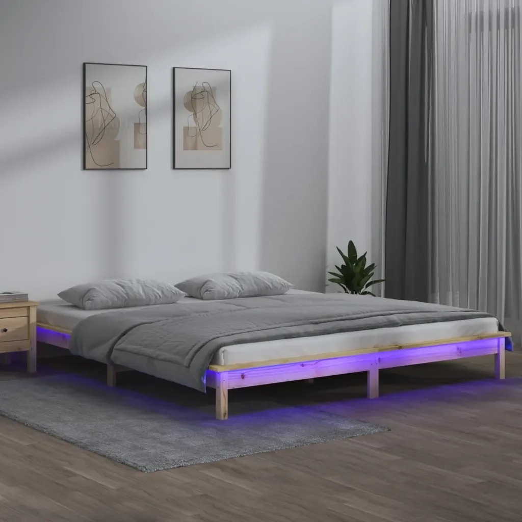 Letto matrimoniale | Letto per adulti | Giroletto con LED 180x200 cm Super King in Legno Massello - Image 2