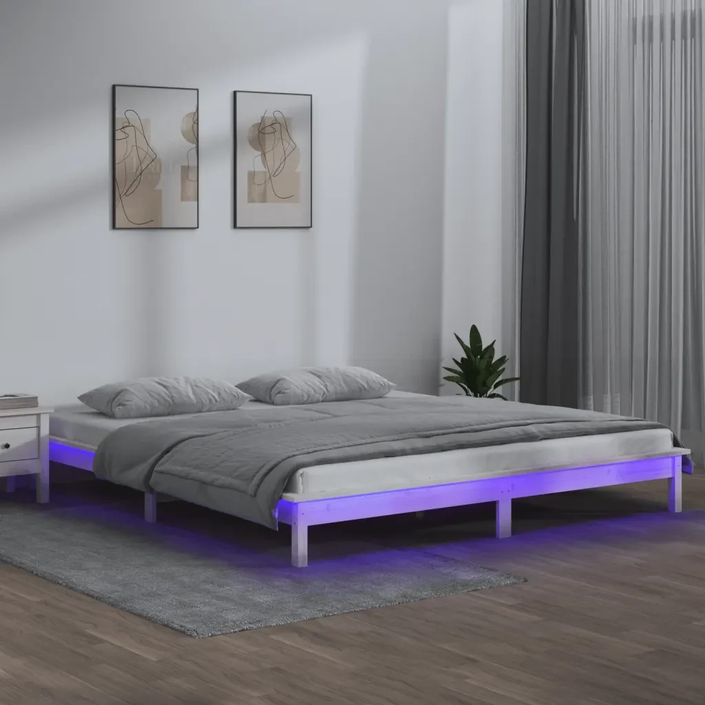 Letto matrimoniale | Letto per adulti | Giroletto con LED Bianco 140x200 cm in Legno Massello - Image 2