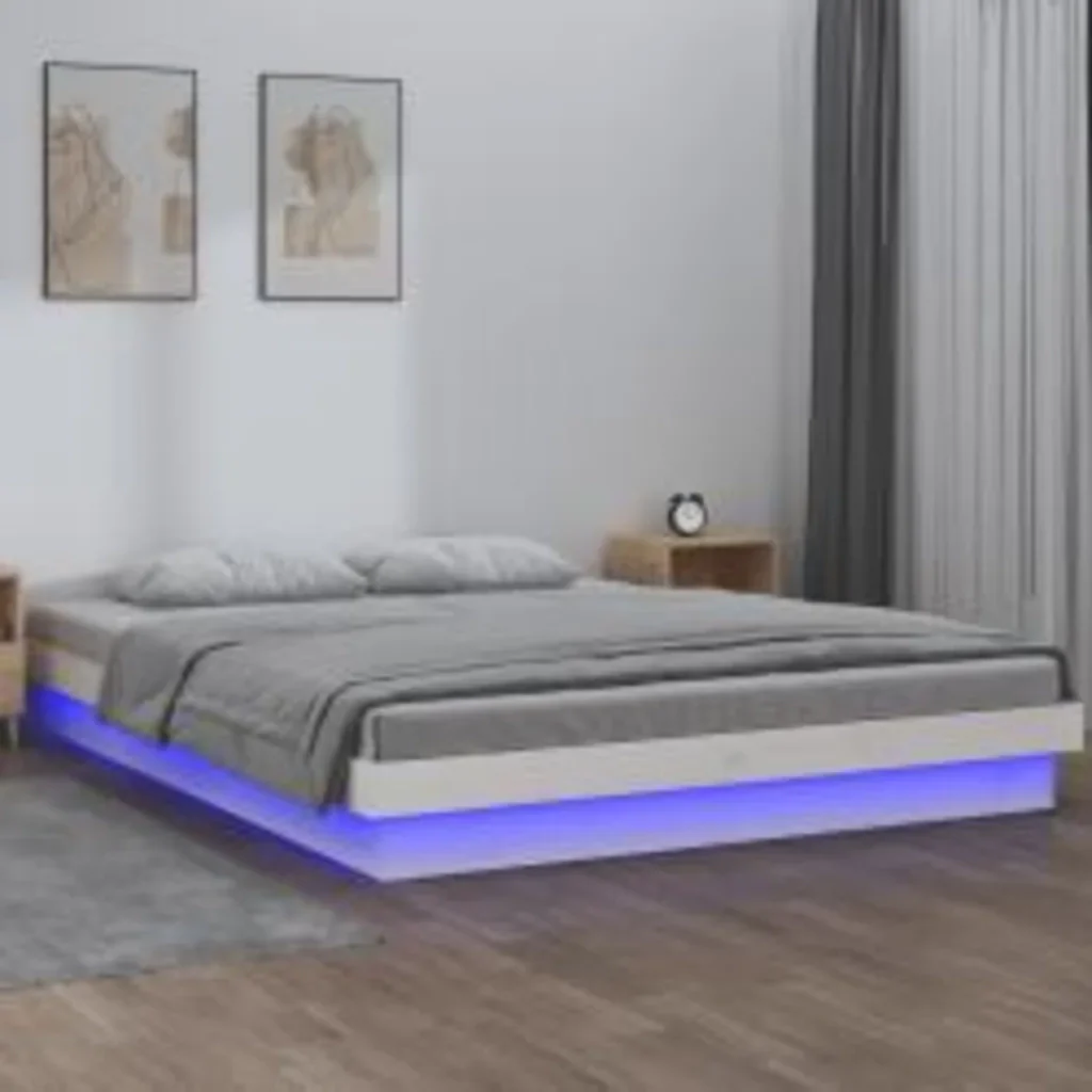 Letto matrimoniale | Letto per adulti | Giroletto con LED Bianco 140x200 cm in Legno Massello - Image 2