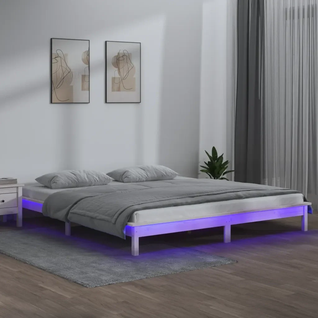 Letto matrimoniale | Letto per adulti | Giroletto con LED Bianco 160x200 cm in Legno Massello - Image 2