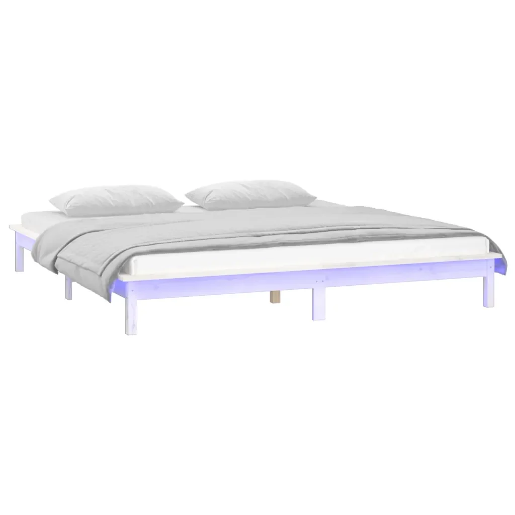 Letto matrimoniale | Letto per adulti | Giroletto con LED Bianco 160x200 cm in Legno Massello - Image 3