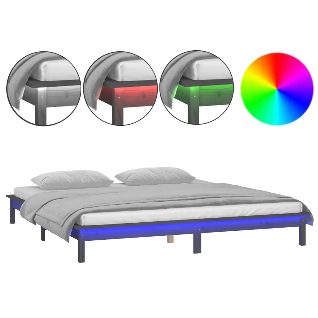 Letto matrimoniale | Letto per adulti | Giroletto con LED Grigio 140x190 cm in Legno Massello