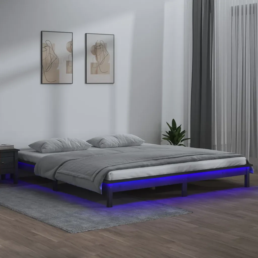 Letto matrimoniale | Letto per adulti | Giroletto con LED Grigio 140x190 cm in Legno Massello - Image 2