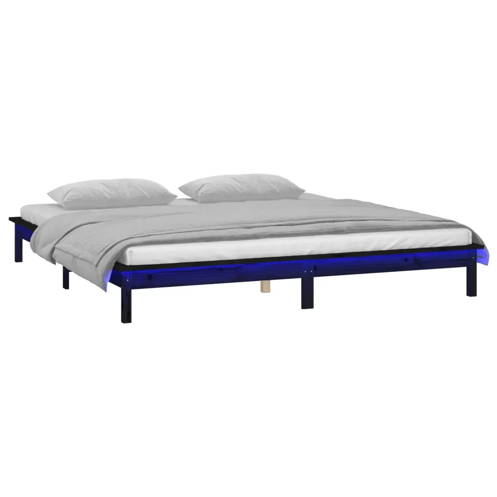 Letto matrimoniale | Letto per adulti | Giroletto con LED Nero 140x190 cm in Legno Massello - Image 3