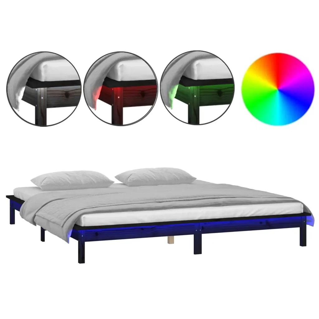 Letto matrimoniale | Letto per adulti | Giroletto con LED Nero 200x200 cm in Legno Massello