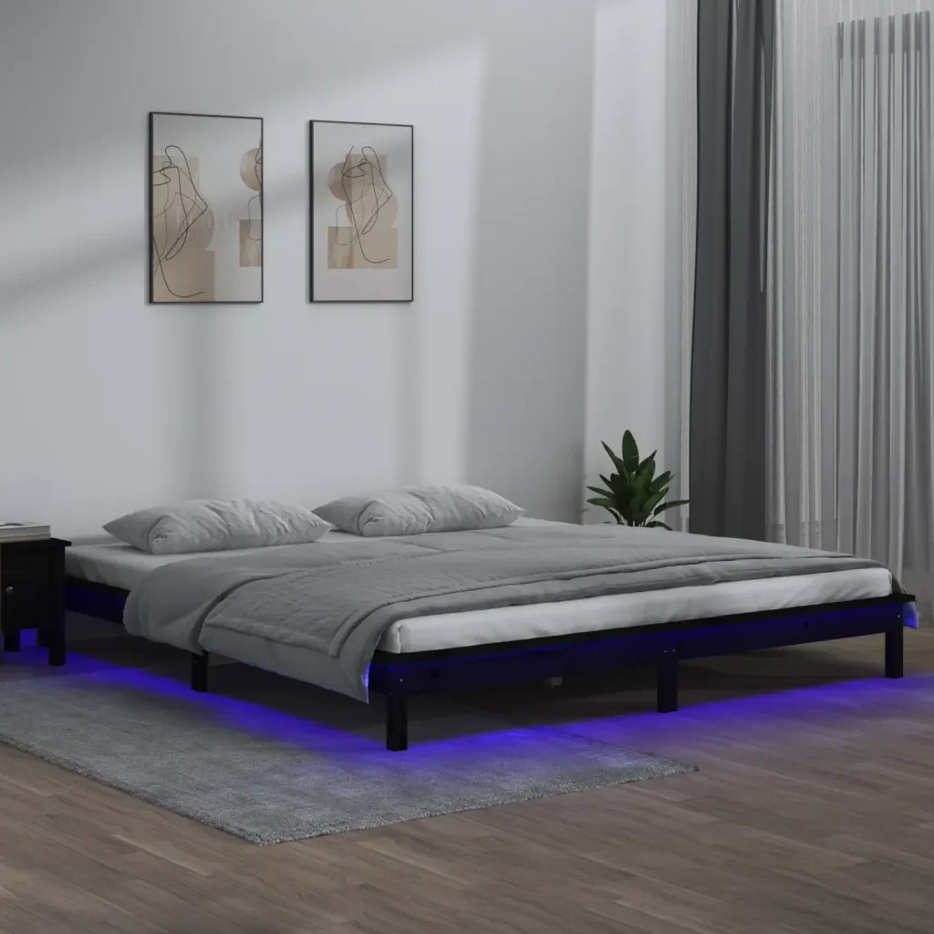 Letto matrimoniale | Letto per adulti | Giroletto con LED Nero 200x200 cm in Legno Massello - Image 2