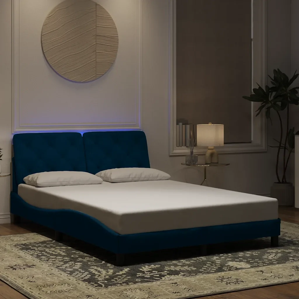 Letto matrimoniale | Letto per adulti | Giroletto con LED senza Materasso Blu 120x200 cm in Velluto - Image 2