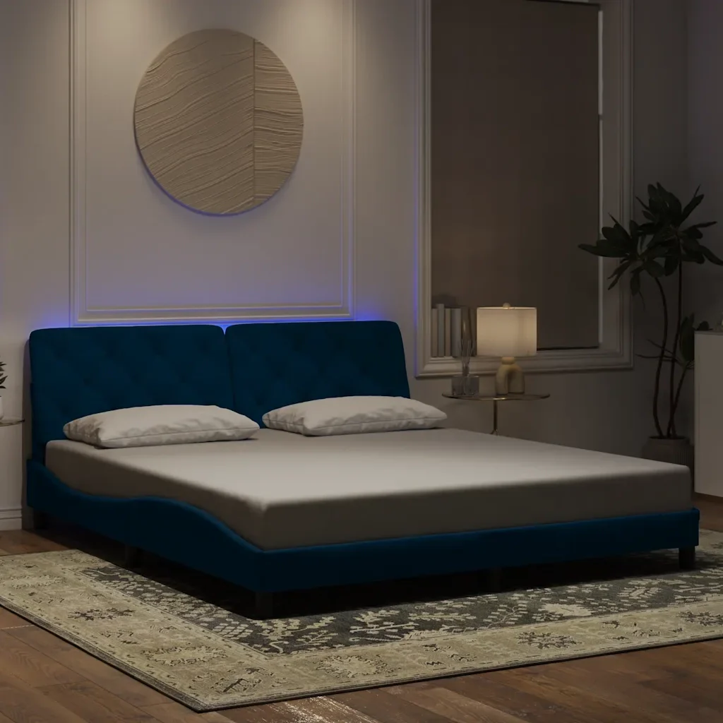 Letto matrimoniale | Letto per adulti | Giroletto con LED senza Materasso Blu 180x200 cm in Velluto - Image 2