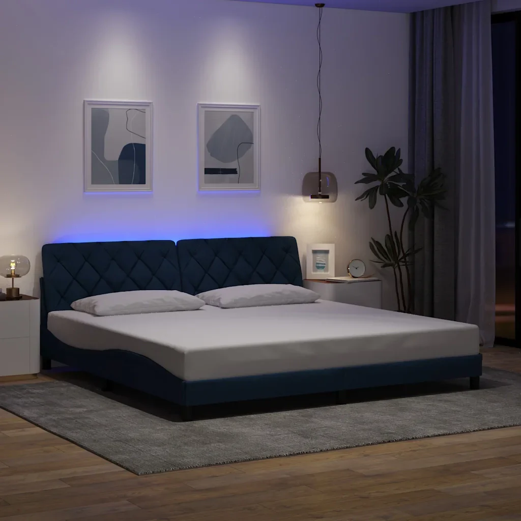 Letto matrimoniale | Letto per adulti | Giroletto con LED senza Materasso Blu 200x200 cm in Tessuto - Image 2