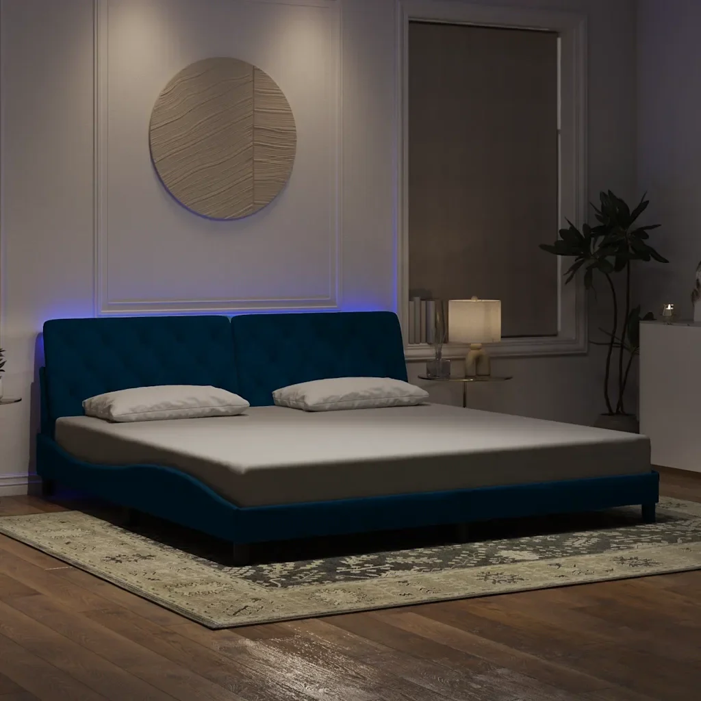 Letto matrimoniale | Letto per adulti | Giroletto con LED senza Materasso Blu 200x200 cm in Velluto - Image 2