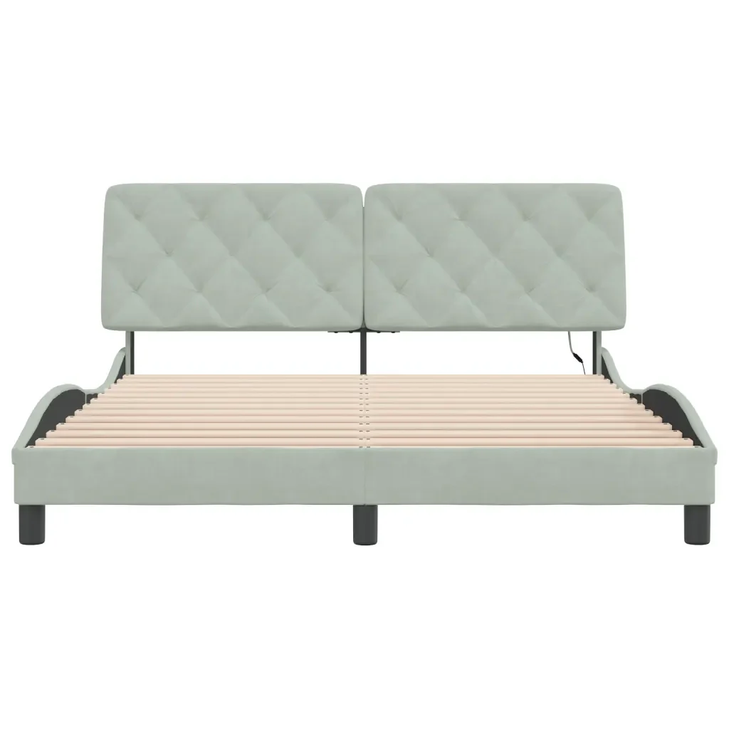 Letto matrimoniale | Letto per adulti | Giroletto con LED senza Materasso Grigio Chiaro 160x200 cm in Velluto - Image 6