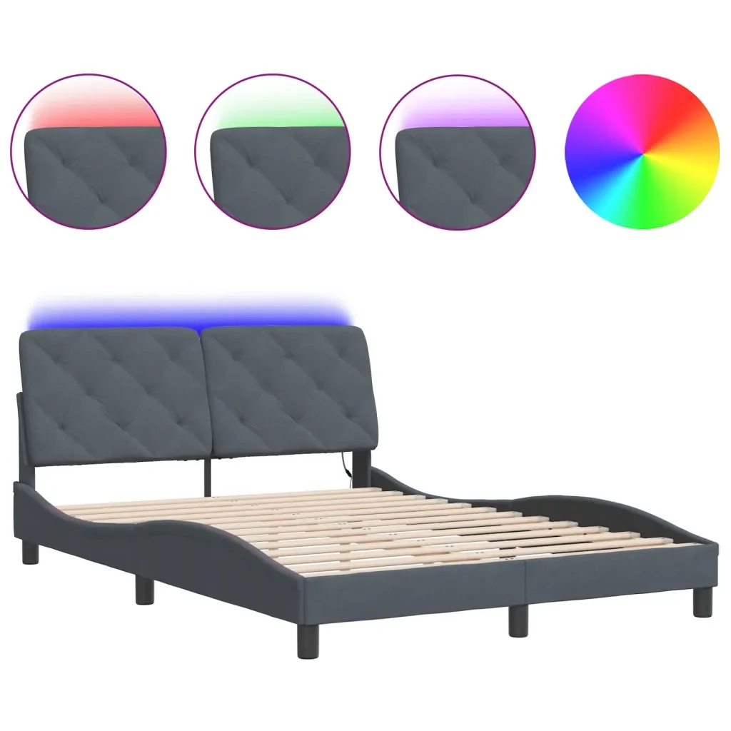 Letto matrimoniale | Letto per adulti | Giroletto con LED senza Materasso Grigio Scuro 140x190 cm in Velluto