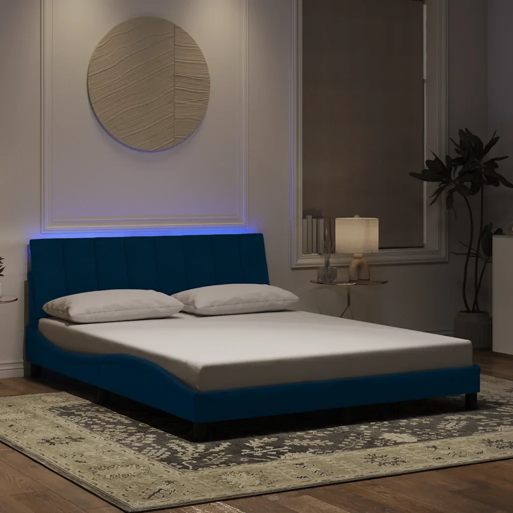 Letto matrimoniale | Letto per adulti | Giroletto con LED senza Materasso Hanko Blu 160x200 cm in Velluto - Image 2