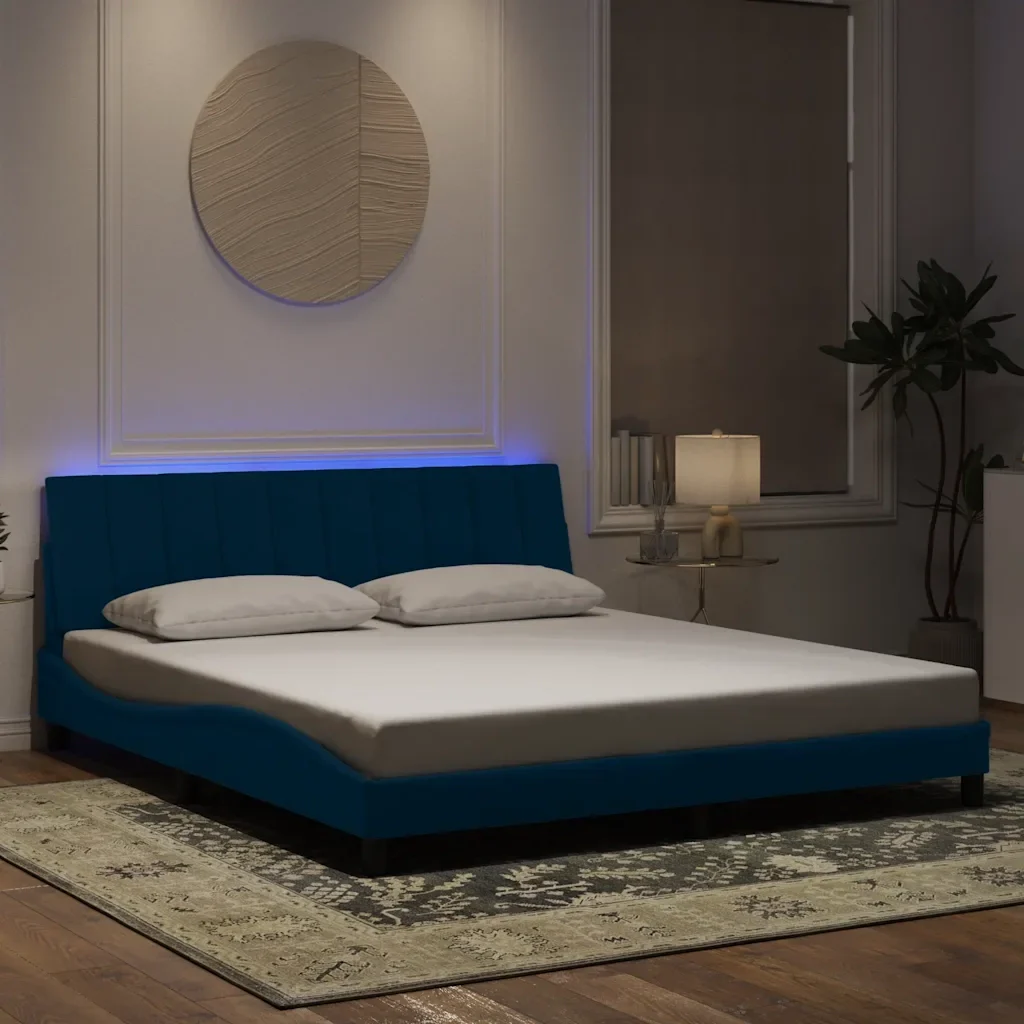 Letto matrimoniale | Letto per adulti | Giroletto con LED senza Materasso Hanko Blu 180x200 cm in Velluto - Image 2