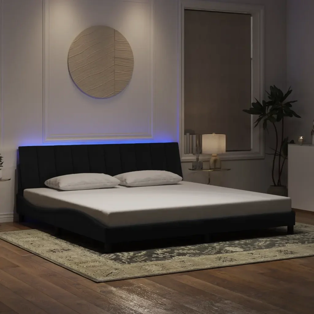 Letto matrimoniale | Letto per adulti | Giroletto con LED senza Materasso Hanko Nero 200x200 cm in Velluto - Image 2