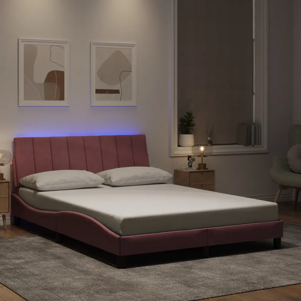 Letto matrimoniale | Letto per adulti | Giroletto con LED senza Materasso Hanko Rosa 140x190 cm in Velluto - Image 2