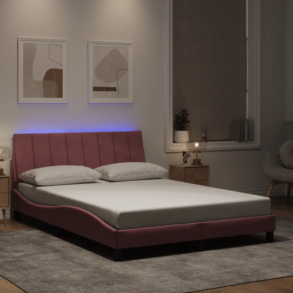 Letto matrimoniale | Letto per adulti | Giroletto con LED senza Materasso Hanko Rosa 140x200 cm in Velluto - Image 2