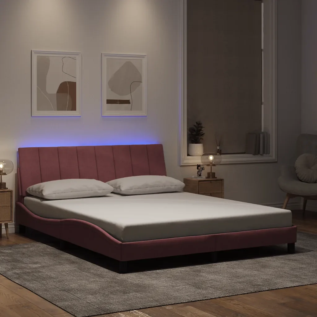 Letto matrimoniale | Letto per adulti | Giroletto con LED senza Materasso Hanko Rosa 160x200 cm in Velluto - Image 2