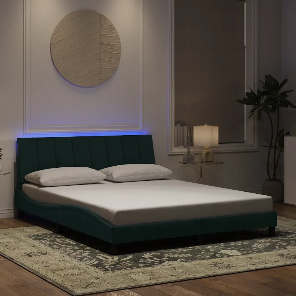Letto matrimoniale | Letto per adulti | Giroletto con LED senza Materasso Hanko Verde Scuro 160x200 cm in Velluto - Image 2