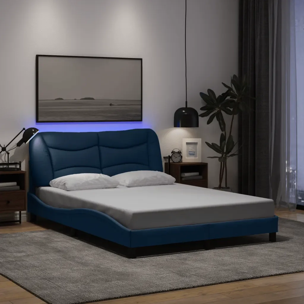 Letto matrimoniale | Letto per adulti | Giroletto con LED senza Materasso Hvar Blu 140x200 cm in Tessuto - Image 2