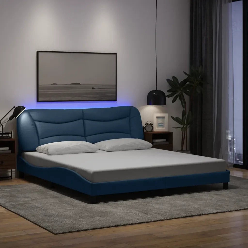 Letto matrimoniale | Letto per adulti | Giroletto con LED senza Materasso Hvar Blu 180x200 cm in Tessuto - Image 2