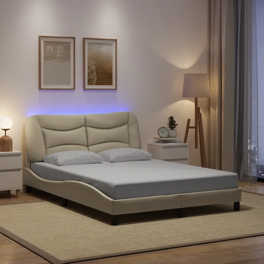 Letto matrimoniale | Letto per adulti | Giroletto con LED senza Materasso Hvar Crema 120x200 cm Tessuto - Image 2