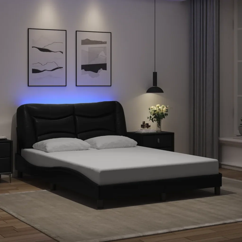 Letto matrimoniale | Letto per adulti | Giroletto con LED senza Materasso Hvar Nero 140x190 cm - Image 2