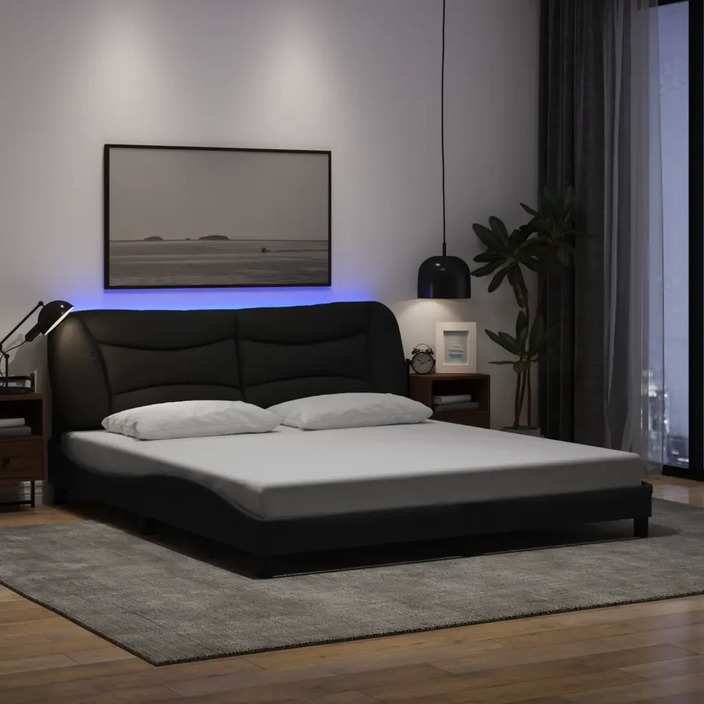 Letto matrimoniale | Letto per adulti | Giroletto con LED senza Materasso Hvar Nero 180x200 cm in Tessuto - Image 2