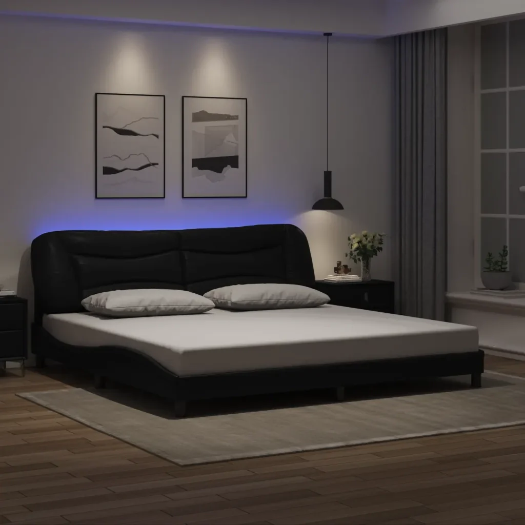 Letto matrimoniale | Letto per adulti | Giroletto con LED senza Materasso Hvar Nero 200x200 cm - Image 2