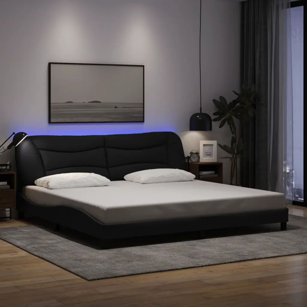 Letto matrimoniale | Letto per adulti | Giroletto con LED senza Materasso Hvar Nero 200x200 cm in Tessuto - Image 2
