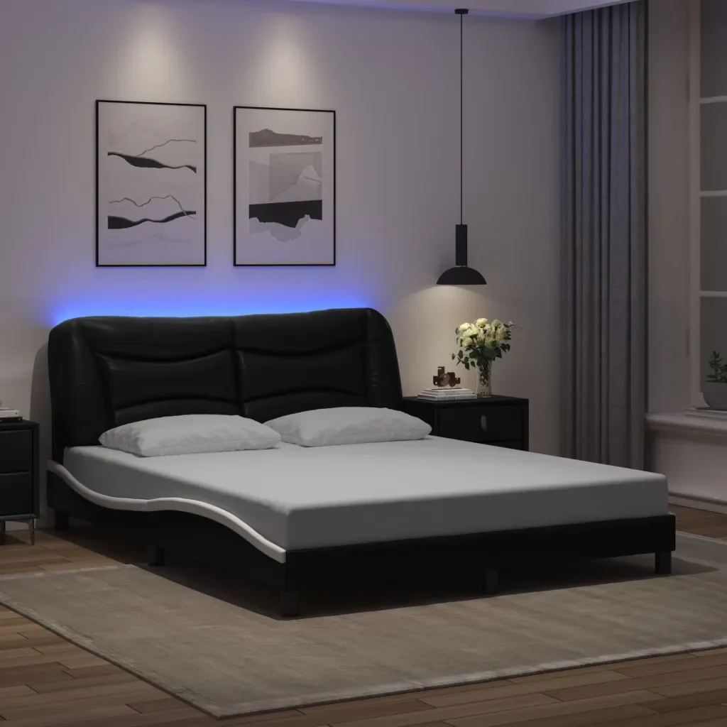 Letto matrimoniale | Letto per adulti | Giroletto con LED senza Materasso Hvar Nero e Bianco 160x200 cm - Image 2