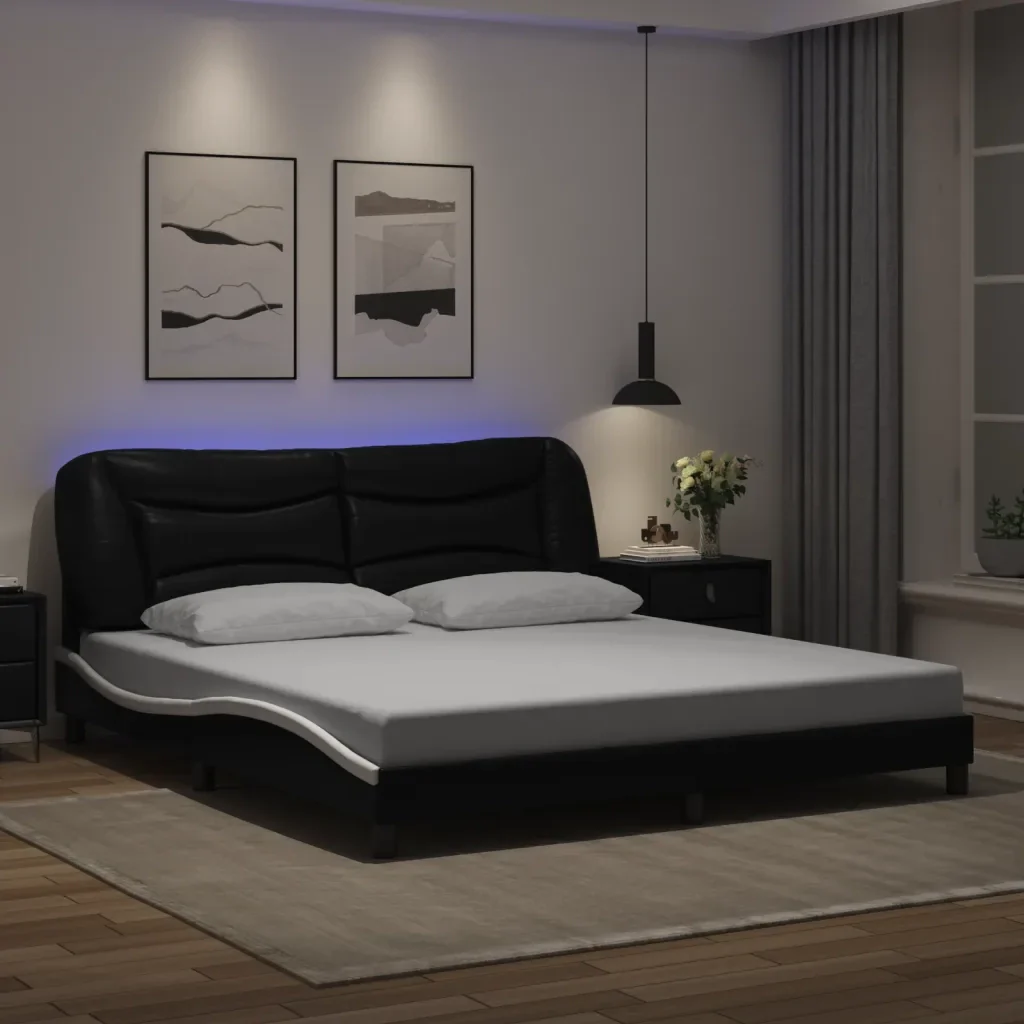 Letto matrimoniale | Letto per adulti | Giroletto con LED senza Materasso Hvar Nero e Bianco 180x200 cm - Image 2