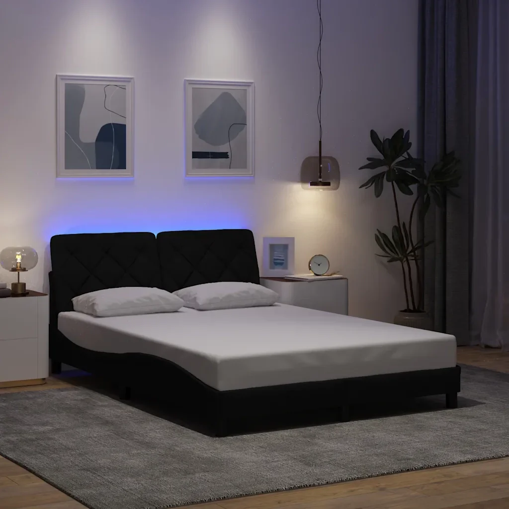 Letto matrimoniale | Letto per adulti | Giroletto con LED senza Materasso Nero 140x190 cm in Tessuto - Image 2