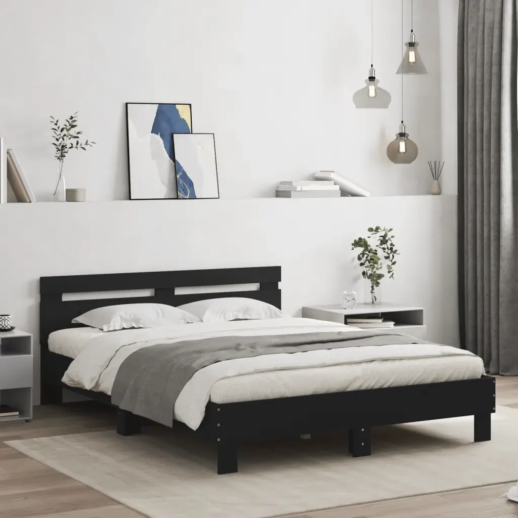 Letto matrimoniale | Letto per adulti | Giroletto con LED senza Materasso Nero 150x200 cm - Image 2