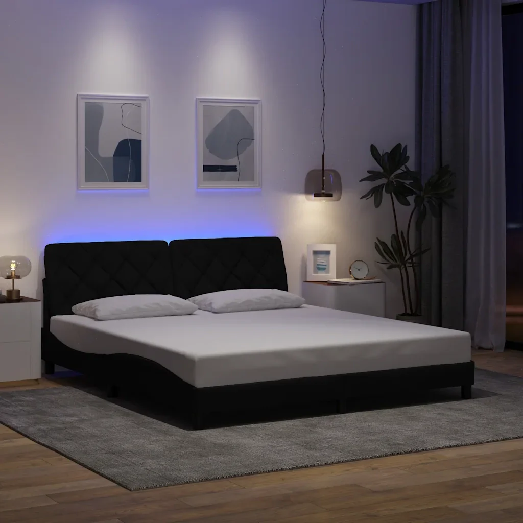Letto matrimoniale | Letto per adulti | Giroletto con LED senza Materasso Nero 180x200 cm in Tessuto - Image 2