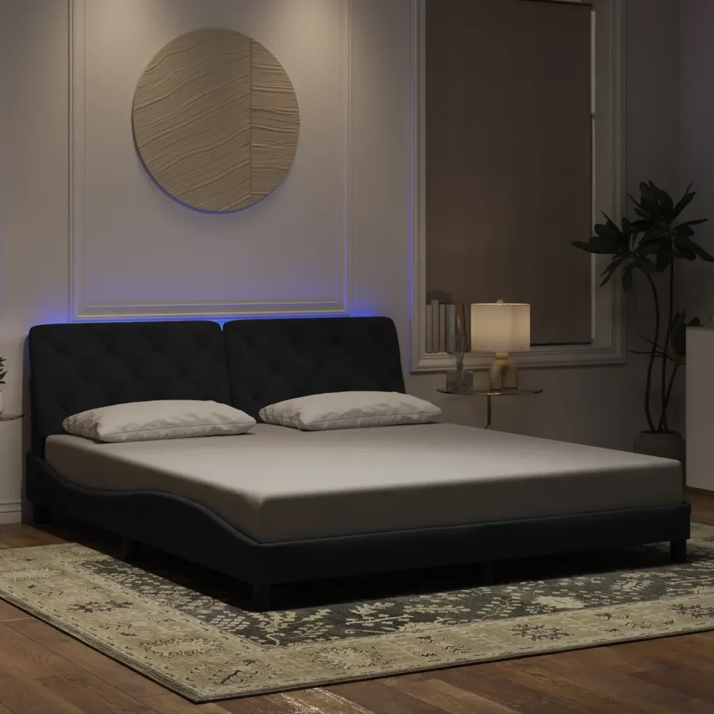 Letto matrimoniale | Letto per adulti | Giroletto con LED senza Materasso Nero 180x200 cm in Velluto - Image 2