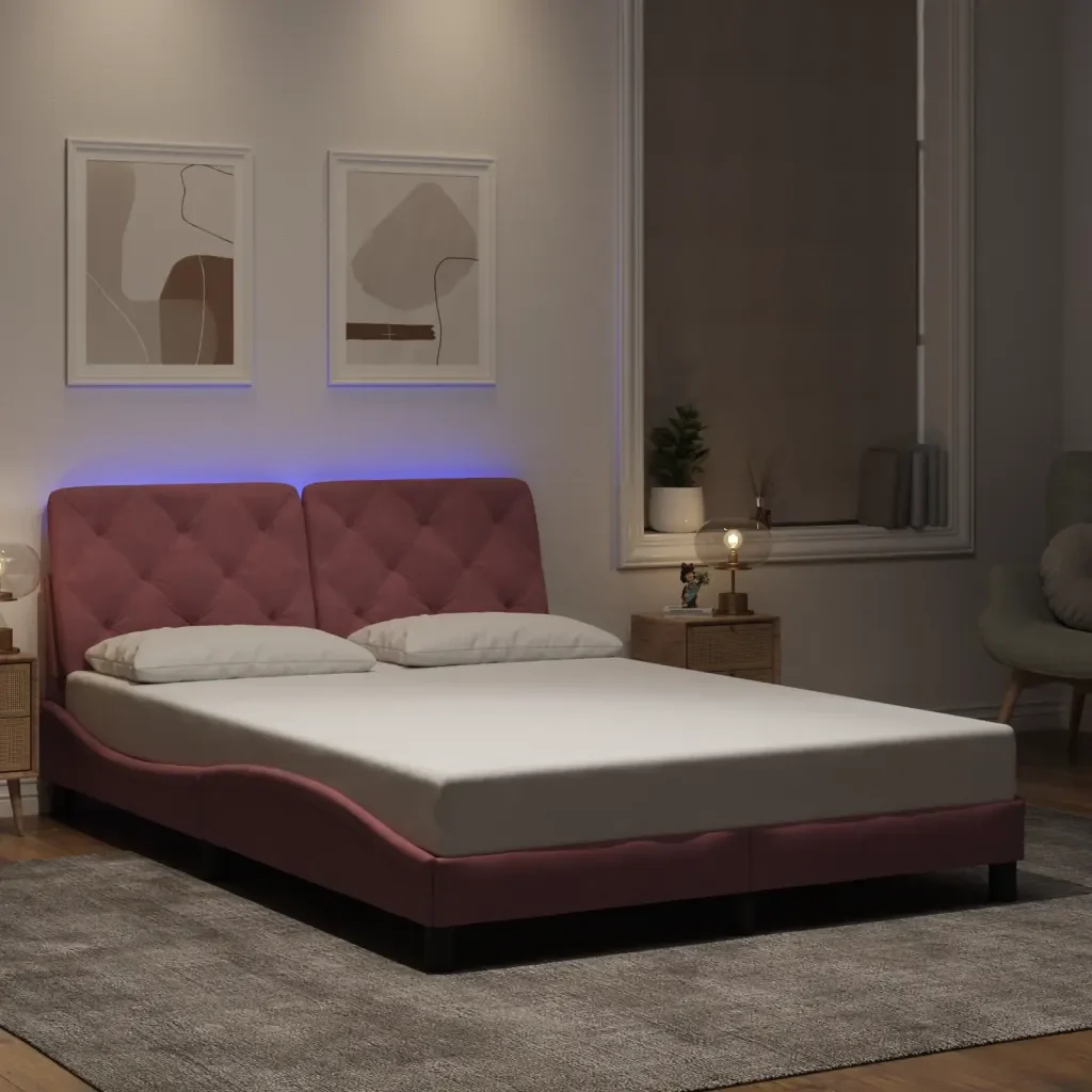 Letto matrimoniale | Letto per adulti | Giroletto con LED senza Materasso Rosa 140x190 cm in Velluto - Image 2