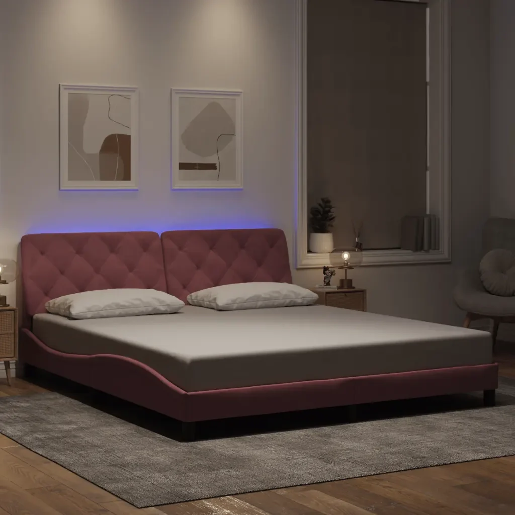 Letto matrimoniale | Letto per adulti | Giroletto con LED senza Materasso Rosa 180x200 cm in Velluto - Image 2