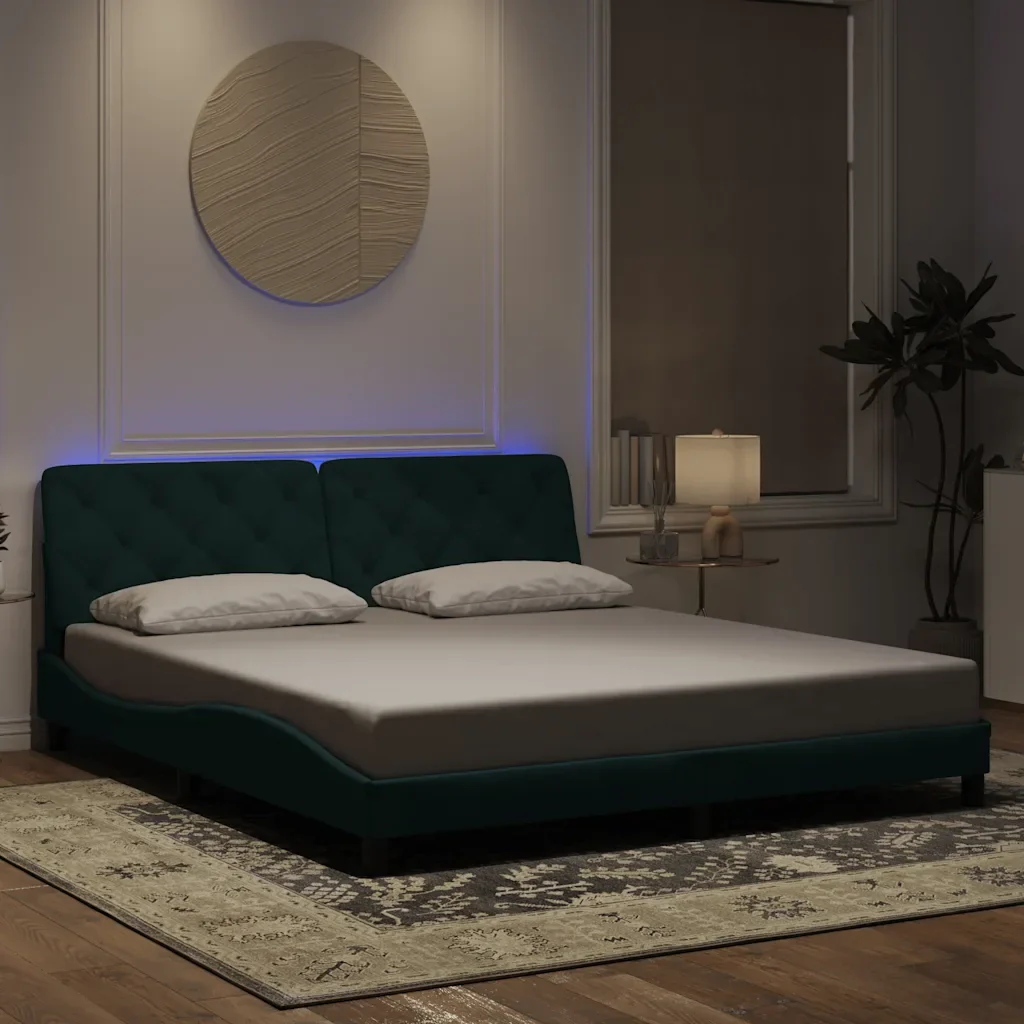 Letto matrimoniale | Letto per adulti | Giroletto con LED senza Materasso Verde Scuro 180x200 cm in Velluto - Image 2