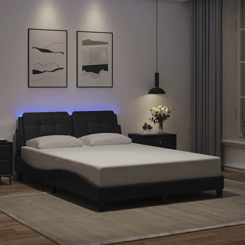 Letto matrimoniale | Letto per adulti | Giroletto con LED senza Materasso Zadar Nero 140x200 cm - Image 2