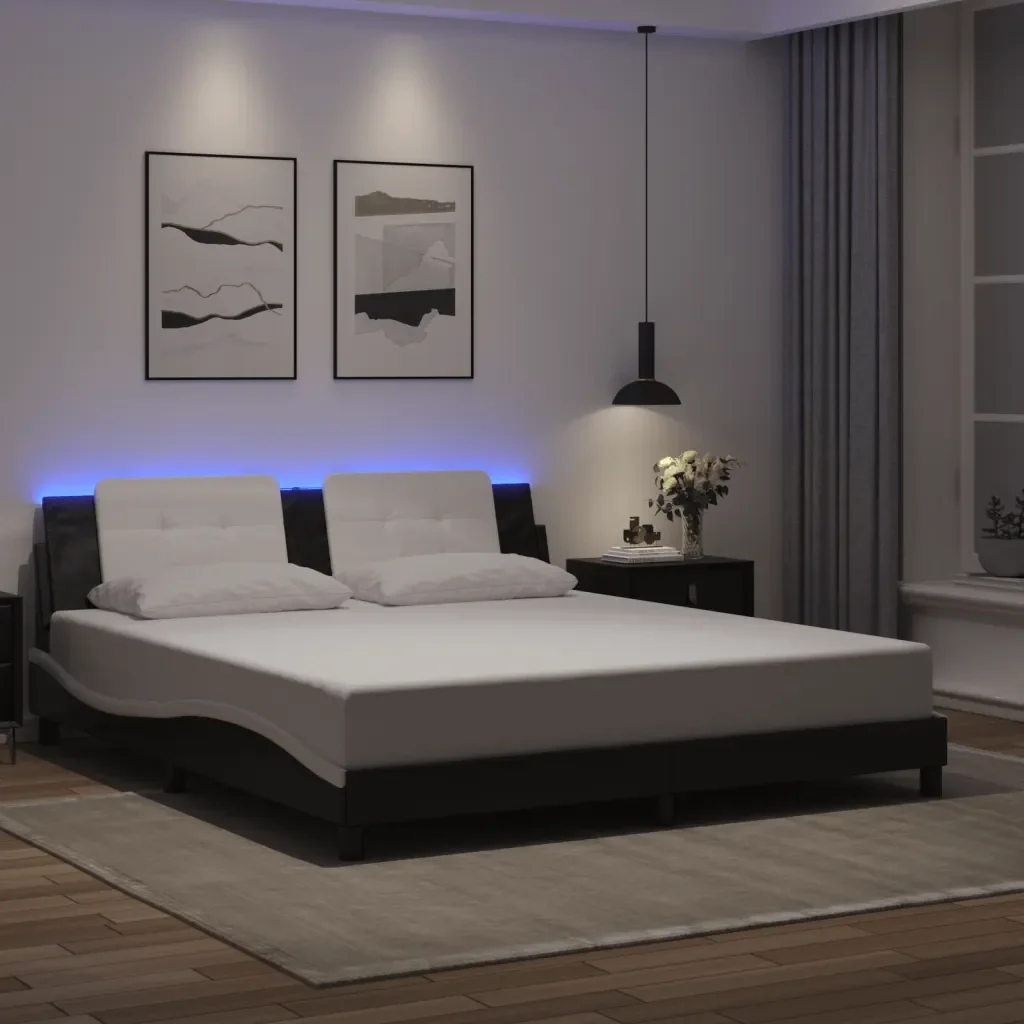 Letto matrimoniale | Letto per adulti | Giroletto con LED senza Materasso Zadar Nero e Bianco 180x200 cm - Image 2