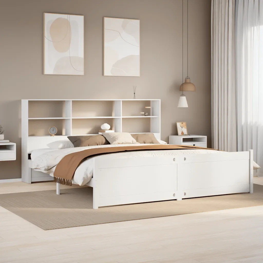 Letto matrimoniale | Letto per adulti | Giroletto con Libreria senza Materasso 180x200 cm in Legno Pino - Image 2