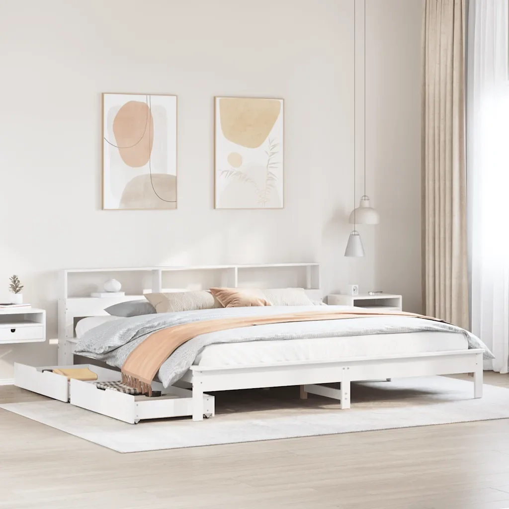 Letto matrimoniale | Letto per adulti | Giroletto con Libreria senza Materasso 180x200 cm in Legno Pino - Image 2